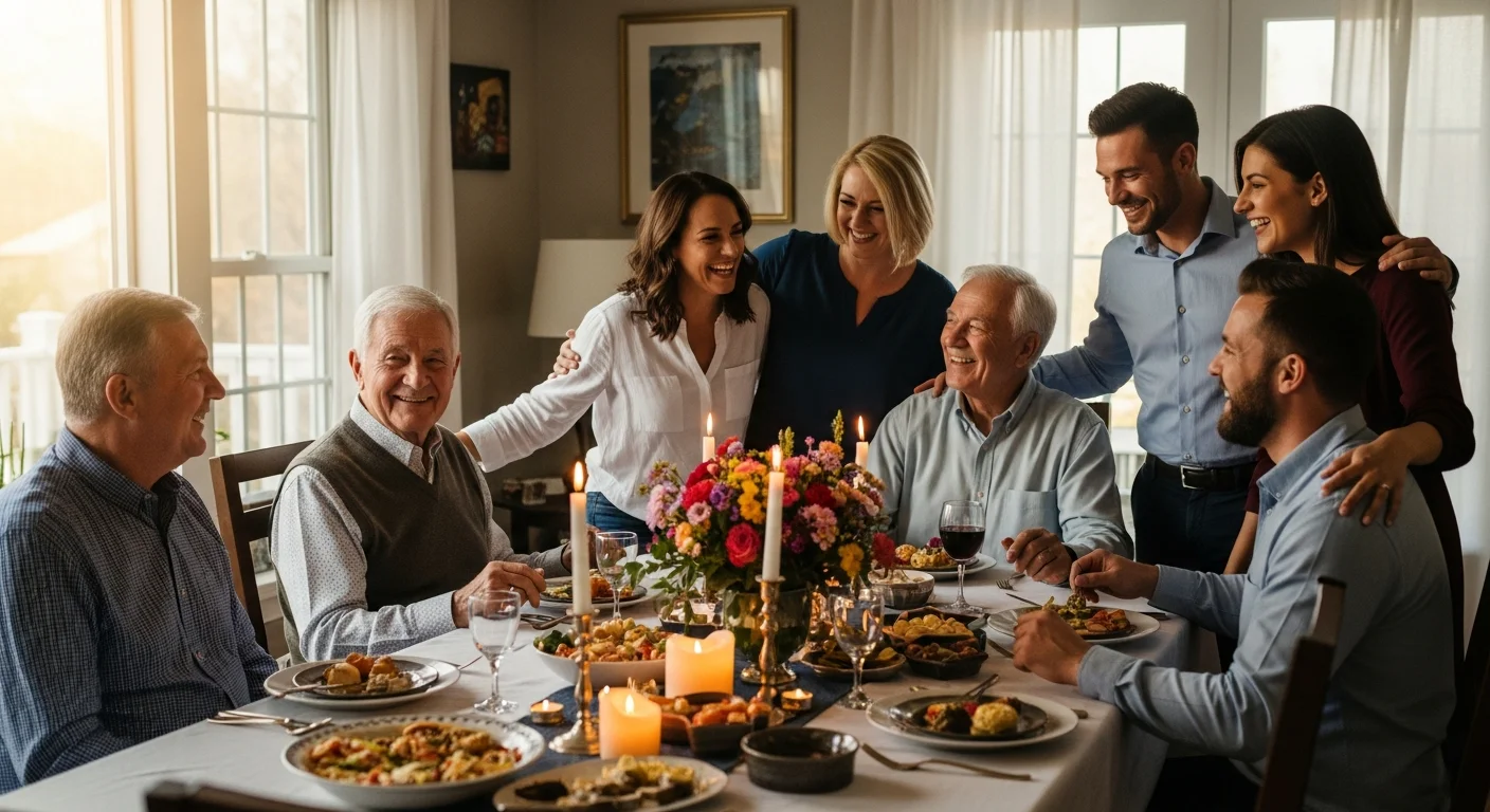 Drei Generationen feiern gemeinsam an einer festlich gedeckten Tafel